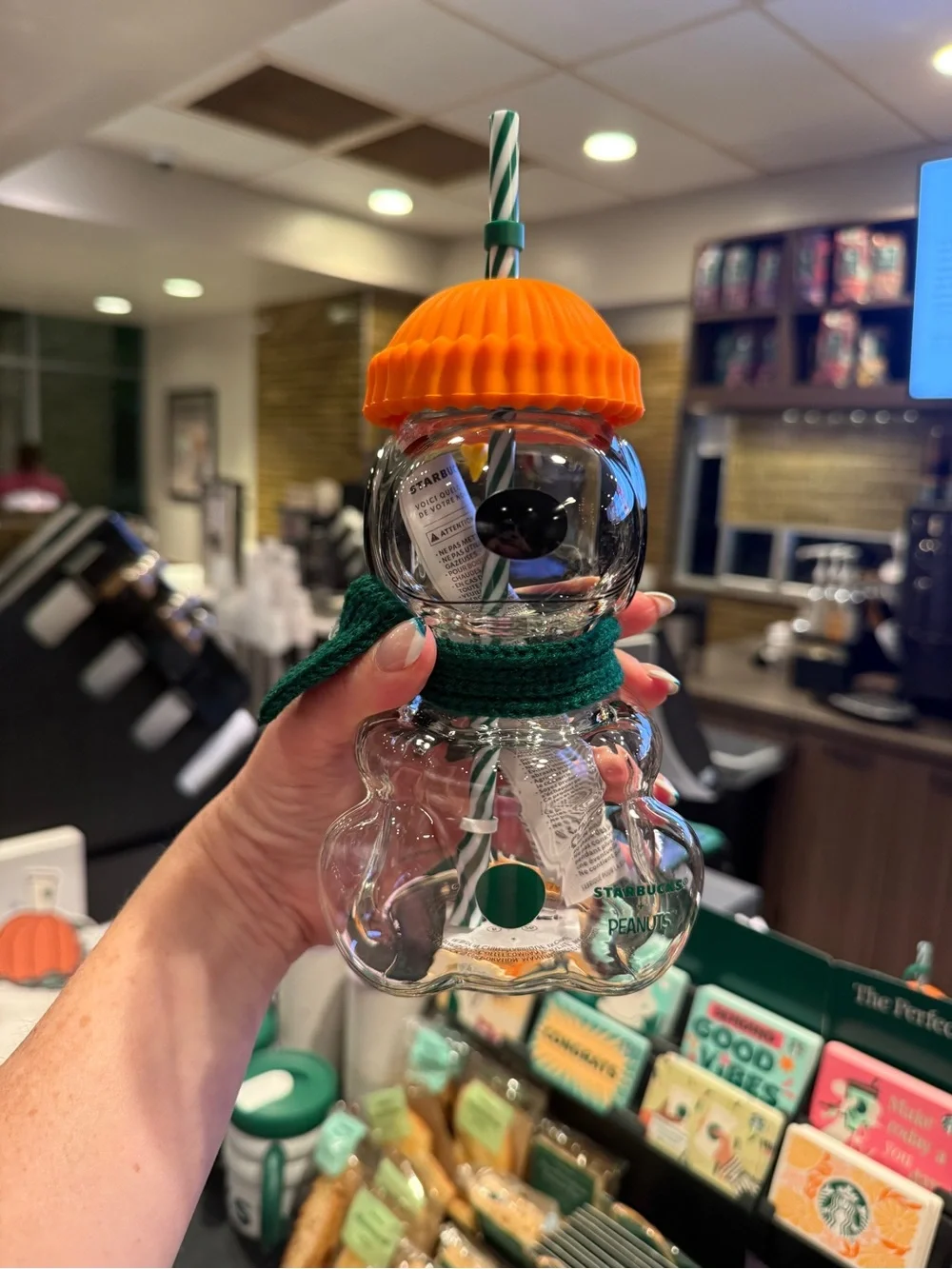 Starbucks Snoopy glass tumbler with orange hat and green scarf #snoopy #peanuts